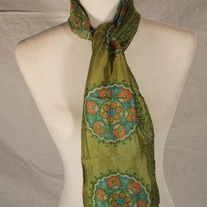 Light green silk scarf with orange and blue, 9x56